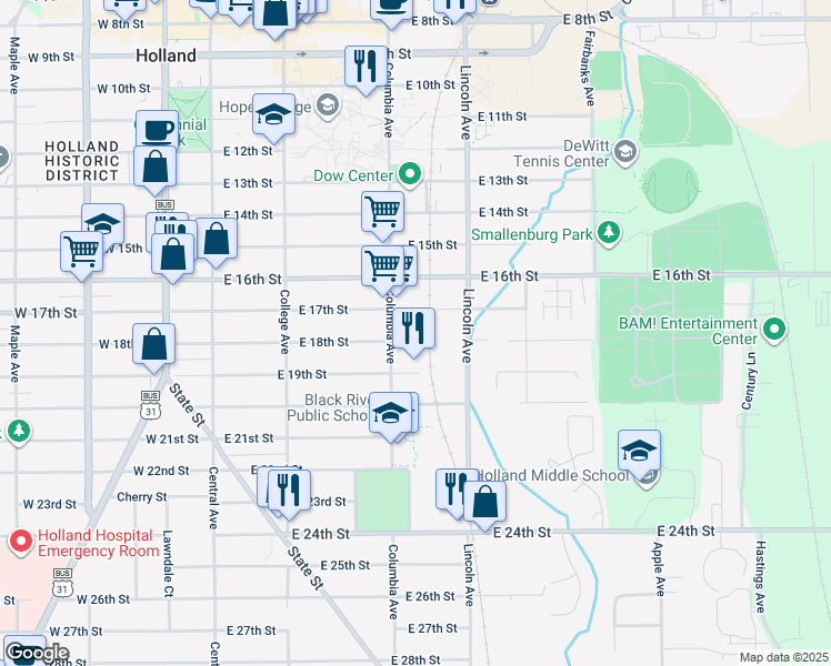 map of restaurants, bars, coffee shops, grocery stores, and more near 157 East 18th Street in Holland