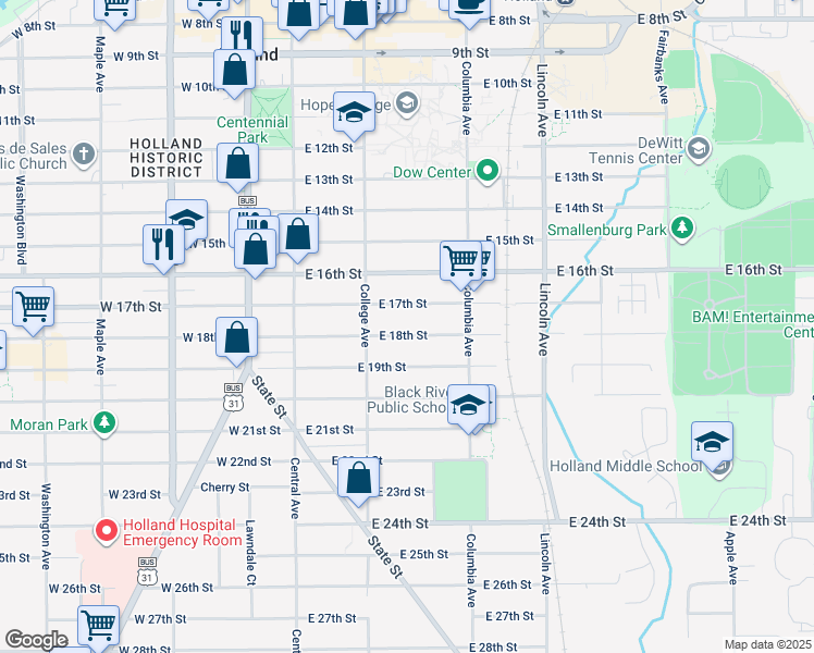 map of restaurants, bars, coffee shops, grocery stores, and more near 91 East 18th Street in Holland