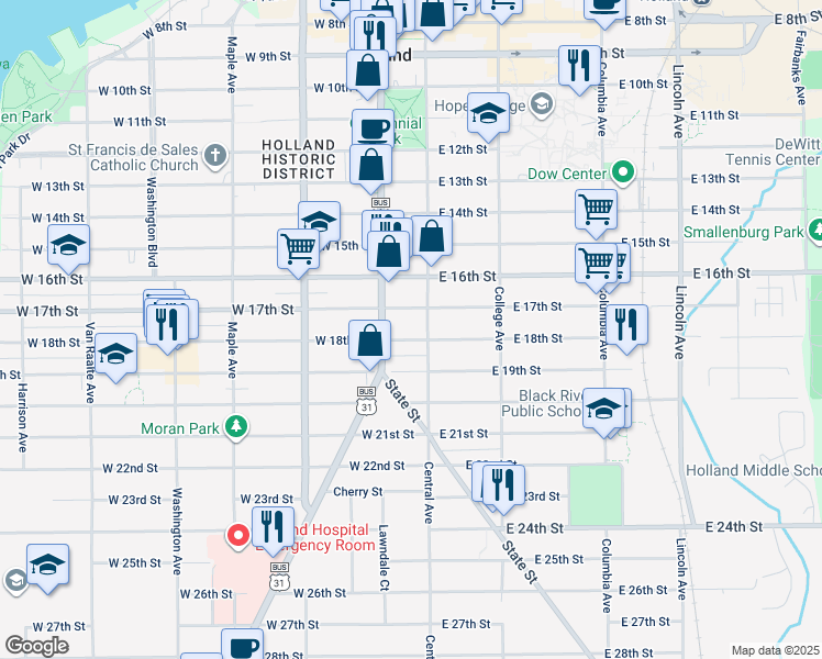 map of restaurants, bars, coffee shops, grocery stores, and more near 428 Central Avenue in Holland
