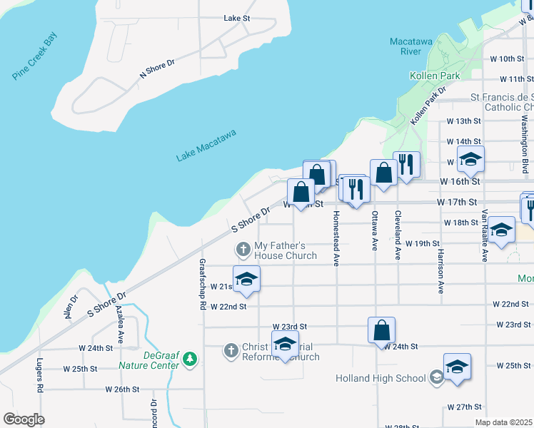 map of restaurants, bars, coffee shops, grocery stores, and more near 574 South Shore Drive in Holland