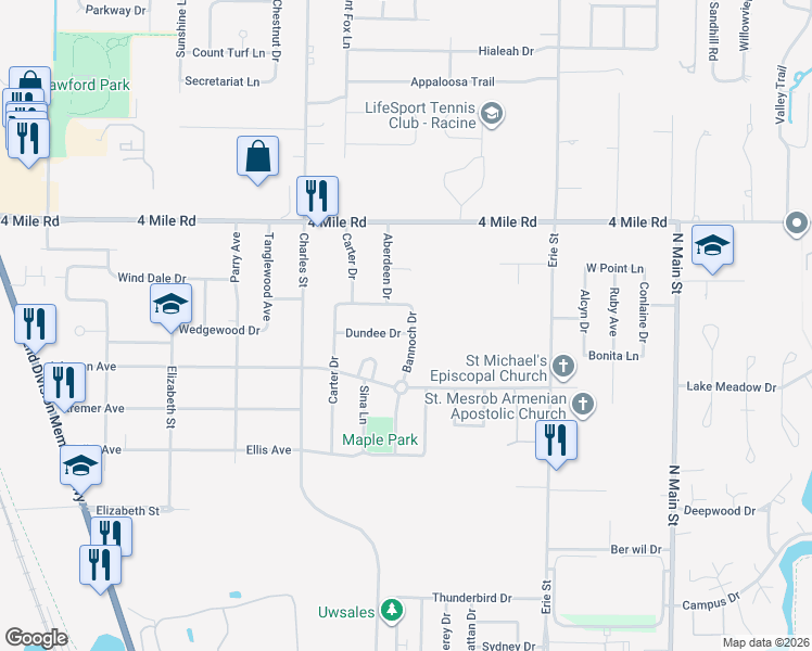map of restaurants, bars, coffee shops, grocery stores, and more near 4811 Bannoch Drive in Racine