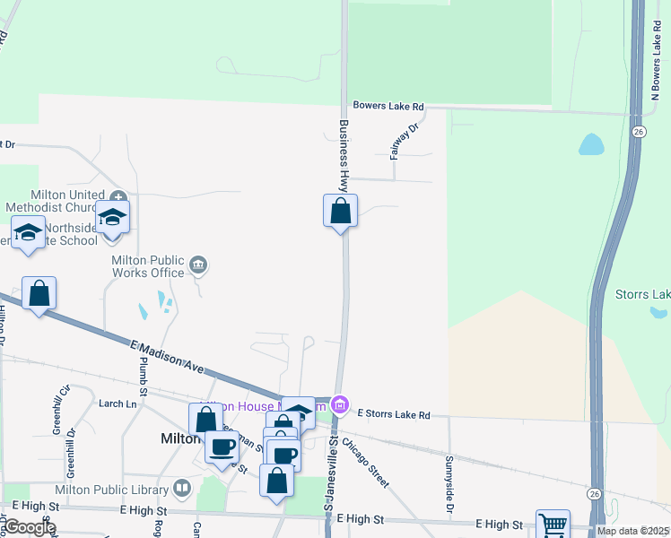 map of restaurants, bars, coffee shops, grocery stores, and more near 187 North Janesville Street in Milton