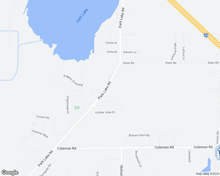 map of restaurants, bars, coffee shops, grocery stores, and more near 16183 Park Lake Road in East Lansing