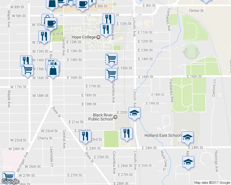 map of restaurants, bars, coffee shops, grocery stores, and more near 157 East 18th Street in Holland