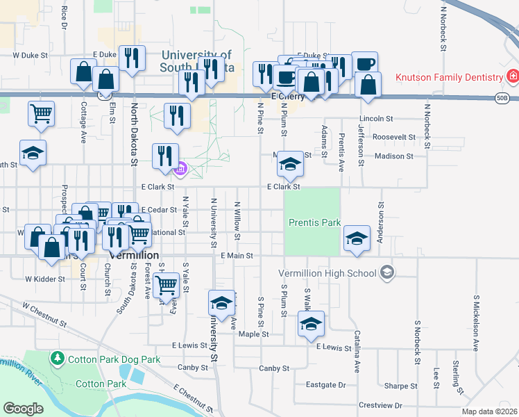 map of restaurants, bars, coffee shops, grocery stores, and more near 707 East Cedar Street in Vermillion
