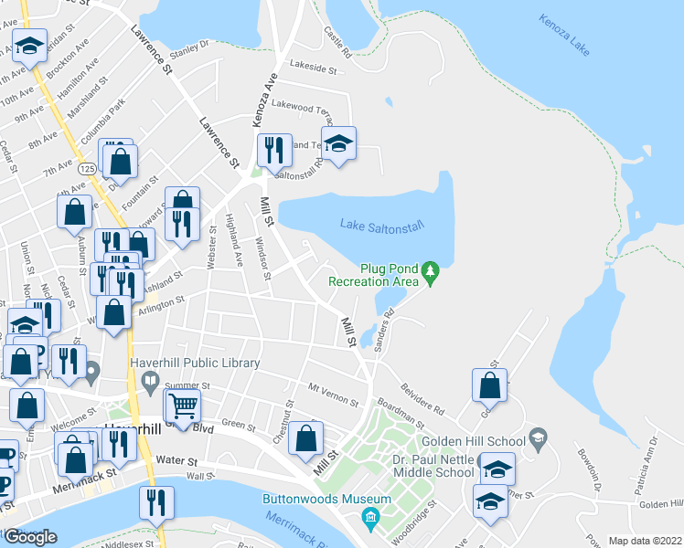 map of restaurants, bars, coffee shops, grocery stores, and more near 3 Arlington Terrace in Haverhill
