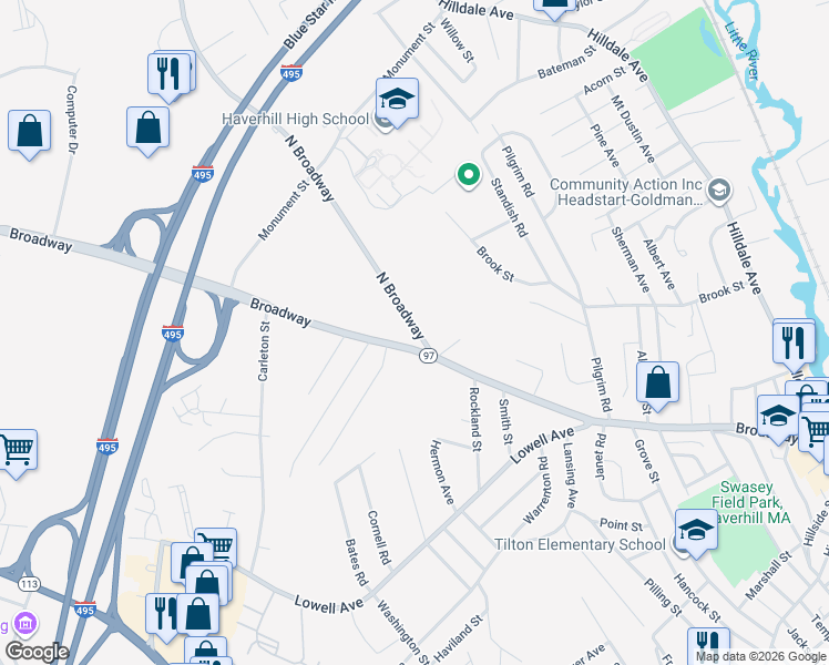 map of restaurants, bars, coffee shops, grocery stores, and more near 22 North Broadway in Haverhill