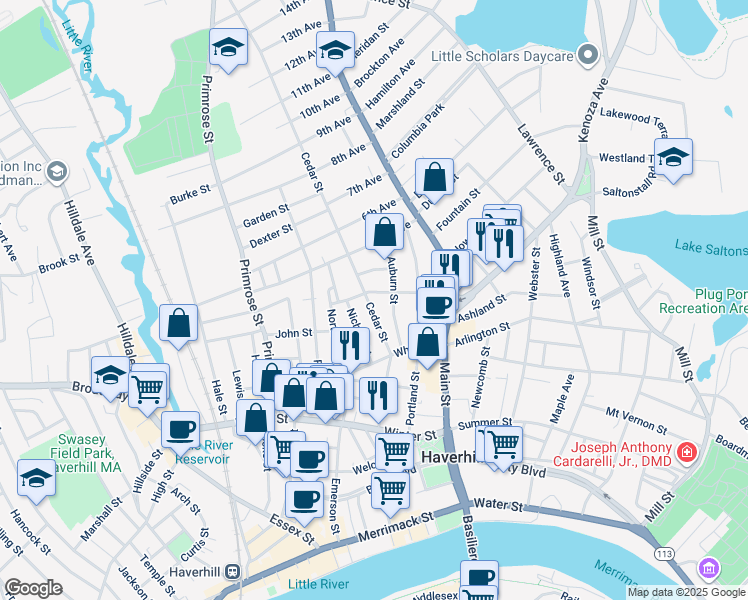 map of restaurants, bars, coffee shops, grocery stores, and more near 37 Cedar Street in Haverhill