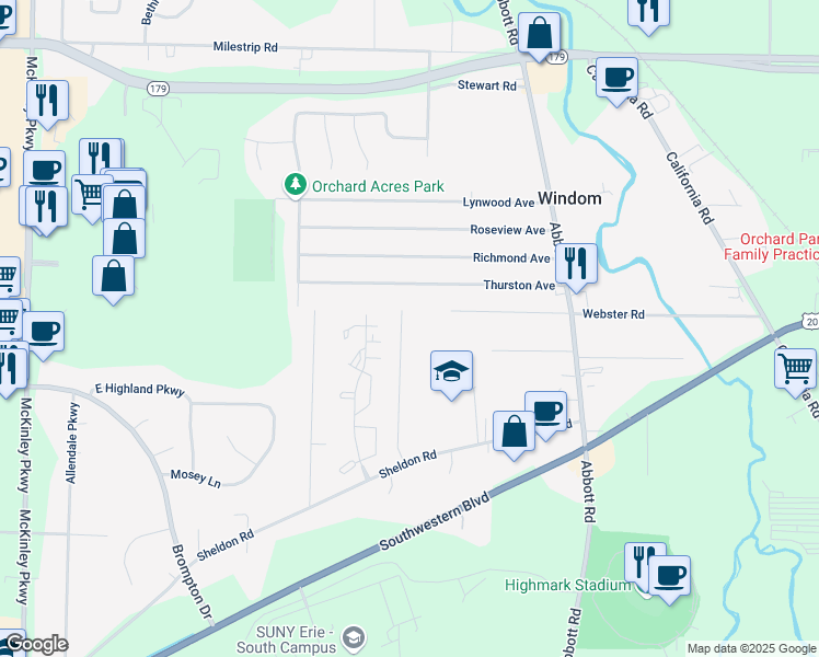 map of restaurants, bars, coffee shops, grocery stores, and more near 3767 Lynn Dr in Orchard Park