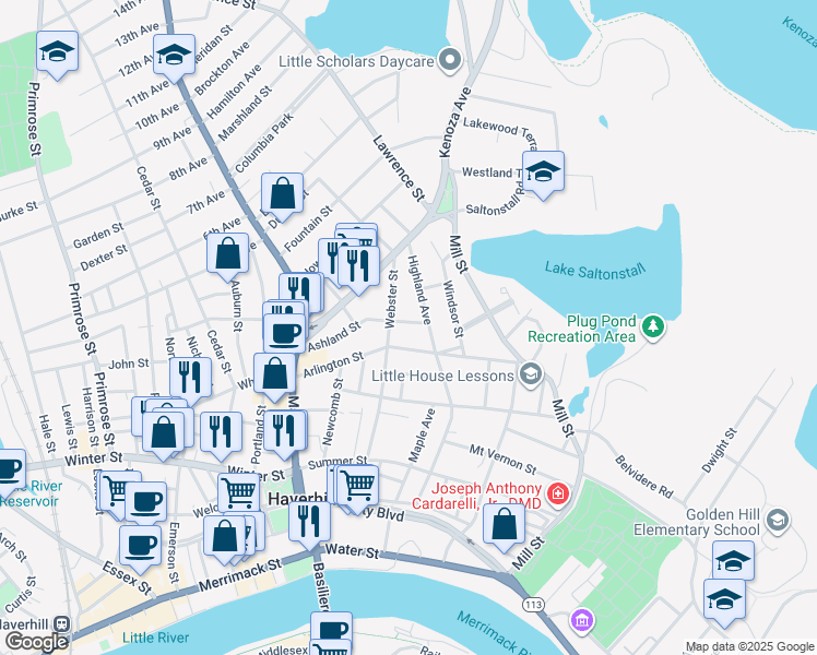 map of restaurants, bars, coffee shops, grocery stores, and more near 9 Grant Street in Haverhill