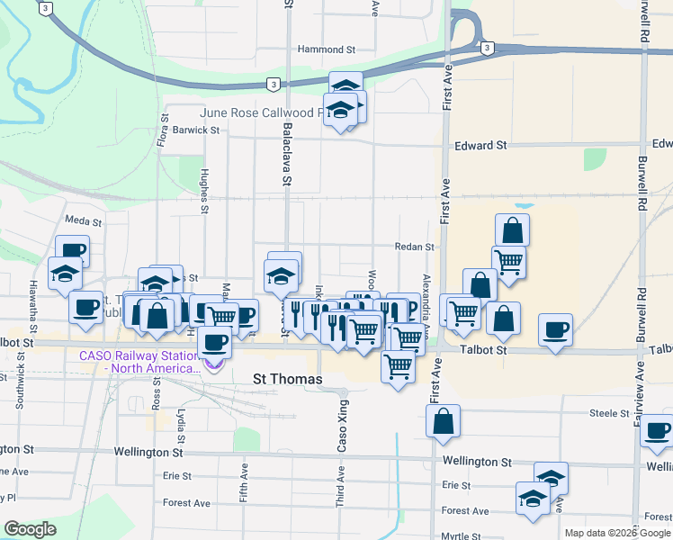 map of restaurants, bars, coffee shops, grocery stores, and more near 9 Trafalgar Street in St. Thomas