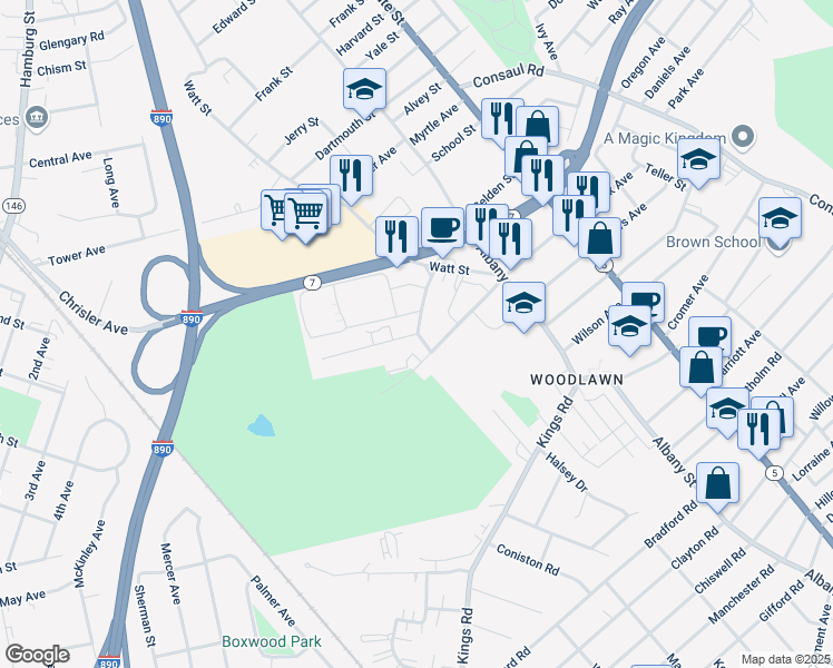 map of restaurants, bars, coffee shops, grocery stores, and more near 10 Queens Drive in Schenectady