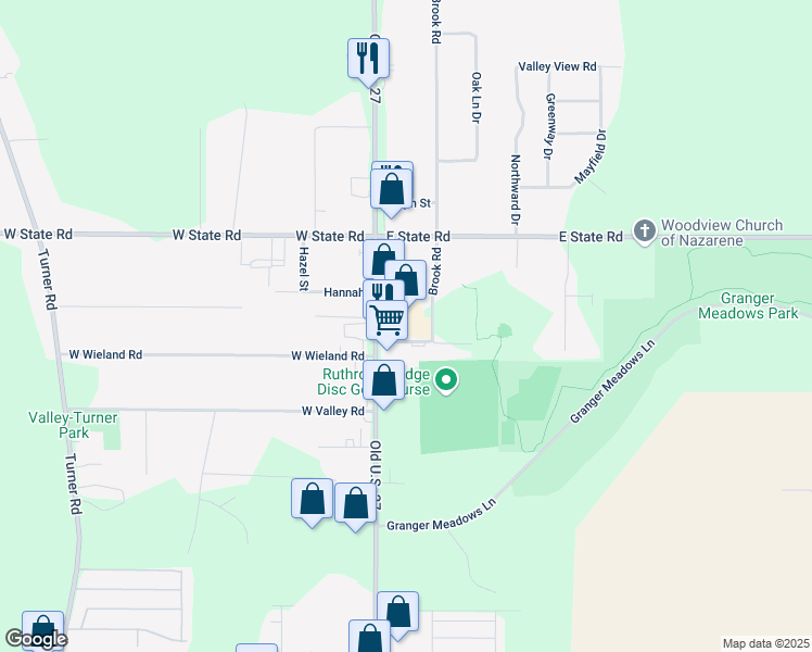 map of restaurants, bars, coffee shops, grocery stores, and more near 16219 Old U.S. 27 in Lansing