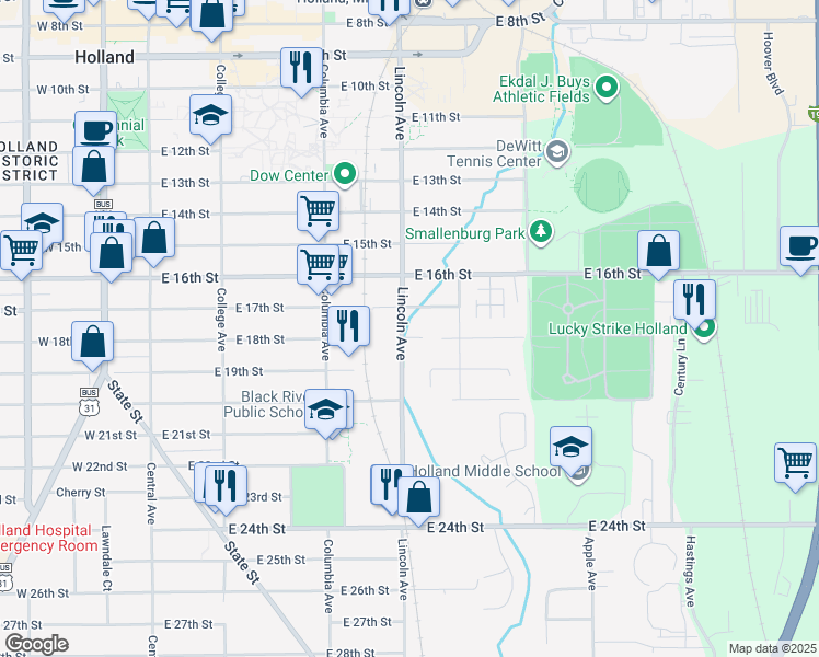 map of restaurants, bars, coffee shops, grocery stores, and more near 425 Lincoln Avenue in Holland