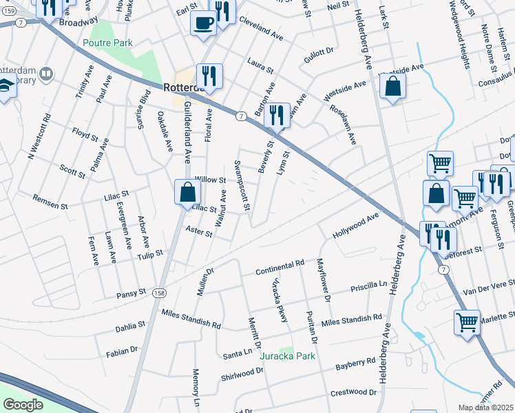 map of restaurants, bars, coffee shops, grocery stores, and more near 1071 Beverly Street in Rotterdam