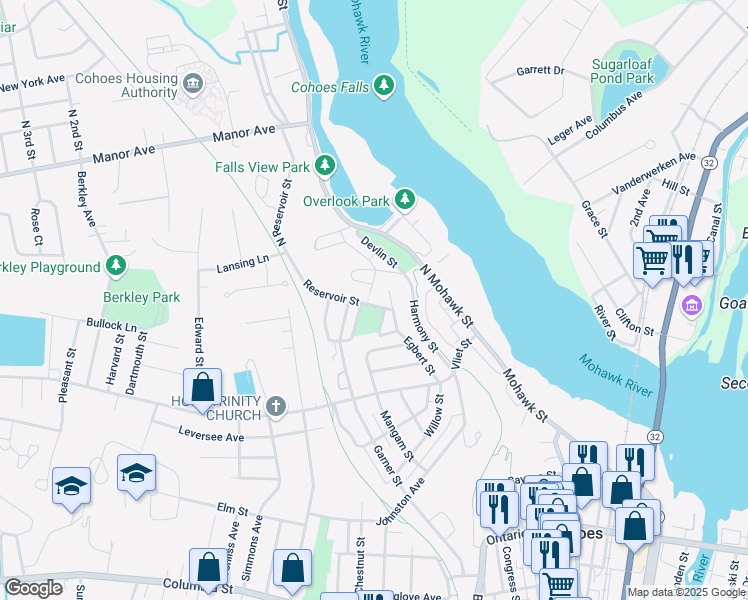 map of restaurants, bars, coffee shops, grocery stores, and more near 11 Reservoir Street in Cohoes