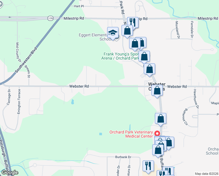 map of restaurants, bars, coffee shops, grocery stores, and more near 6312 Webster Road in Orchard Park