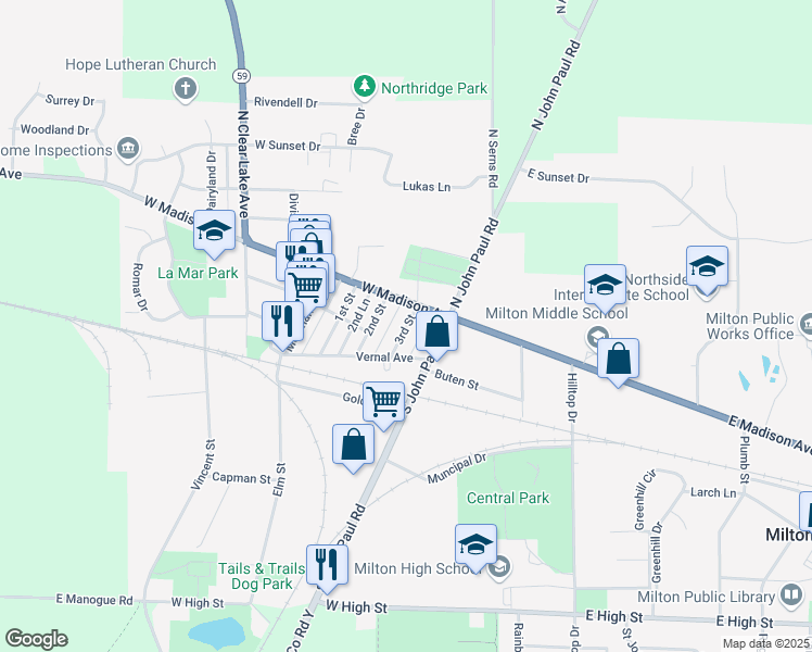 map of restaurants, bars, coffee shops, grocery stores, and more near 27 3rd Street in Milton