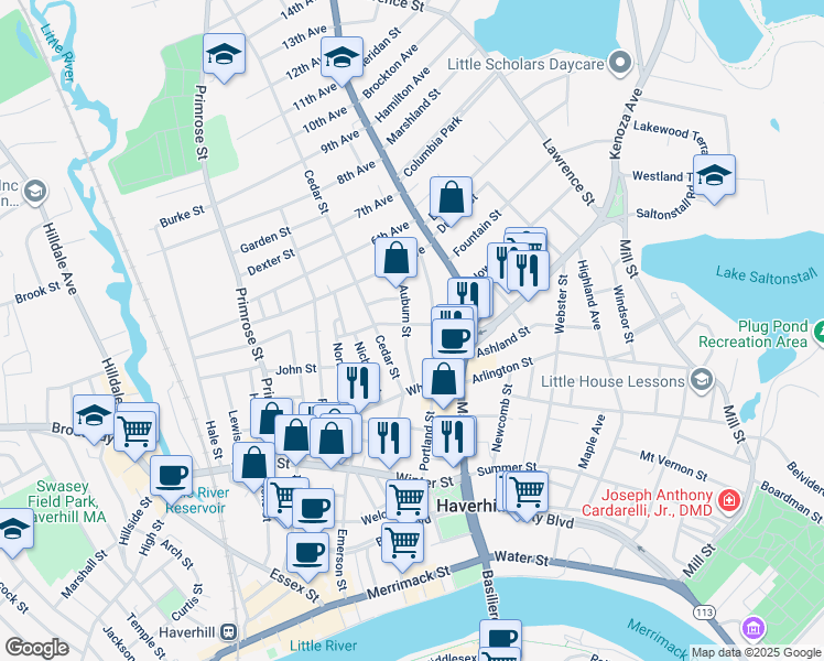 map of restaurants, bars, coffee shops, grocery stores, and more near 94 Portland Street in Haverhill
