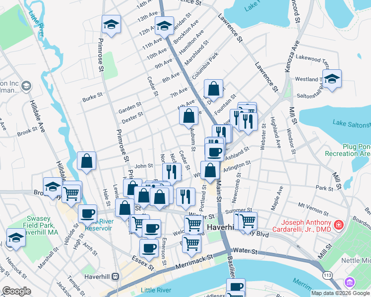 map of restaurants, bars, coffee shops, grocery stores, and more near 37 Cedar Street in Haverhill