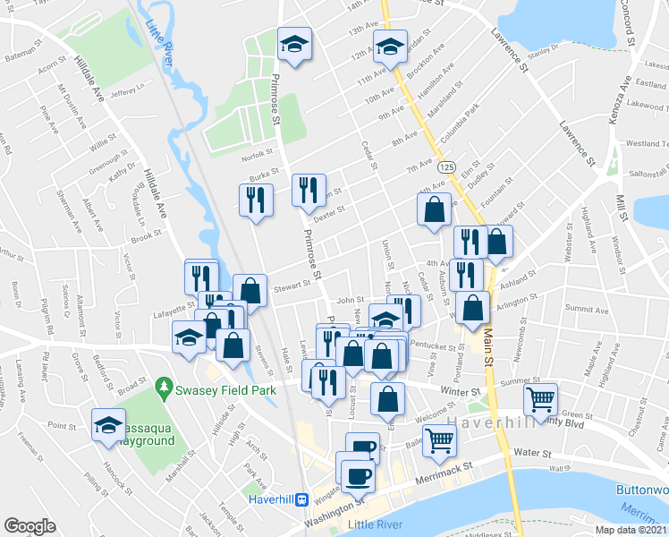 map of restaurants, bars, coffee shops, grocery stores, and more near 8 York Street in Haverhill