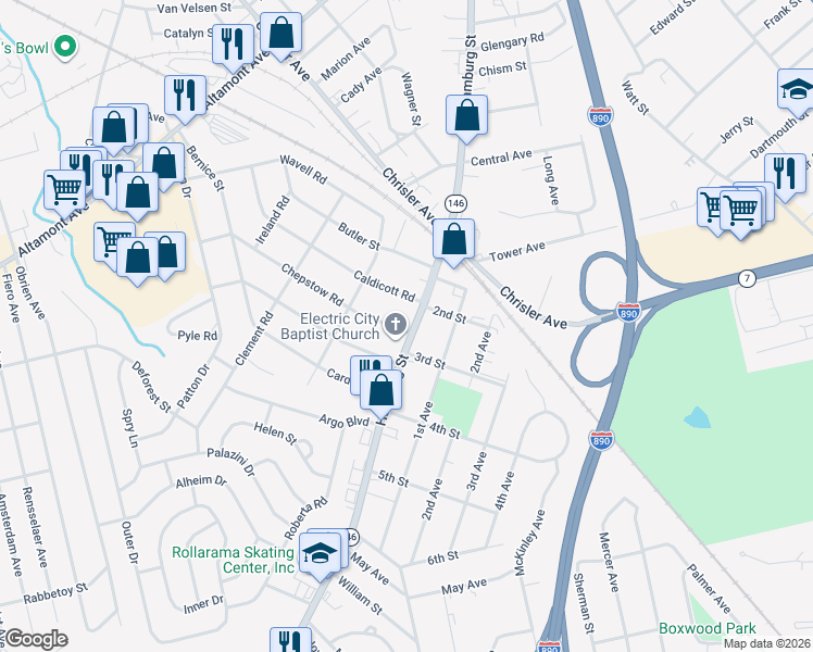 map of restaurants, bars, coffee shops, grocery stores, and more near 202 Chepstow Road in Schenectady