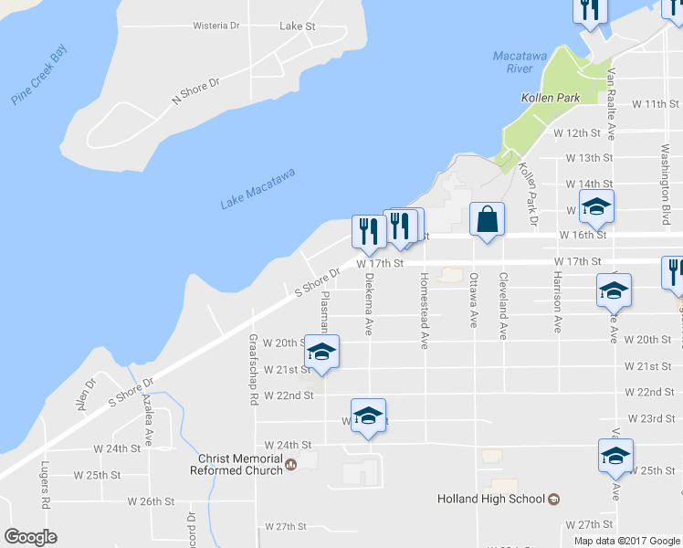 map of restaurants, bars, coffee shops, grocery stores, and more near 574 South Shore Drive in Holland