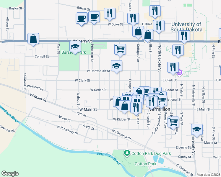 map of restaurants, bars, coffee shops, grocery stores, and more near 251 West Cedar Street in Vermillion