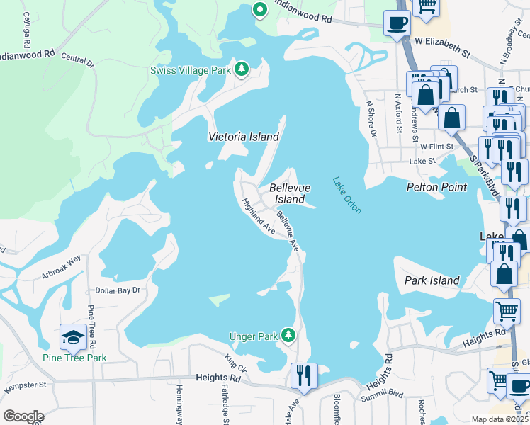 map of restaurants, bars, coffee shops, grocery stores, and more near 115 Highland Avenue in Orion charter Township