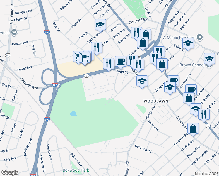 map of restaurants, bars, coffee shops, grocery stores, and more near 201 Queens Drive in Schenectady