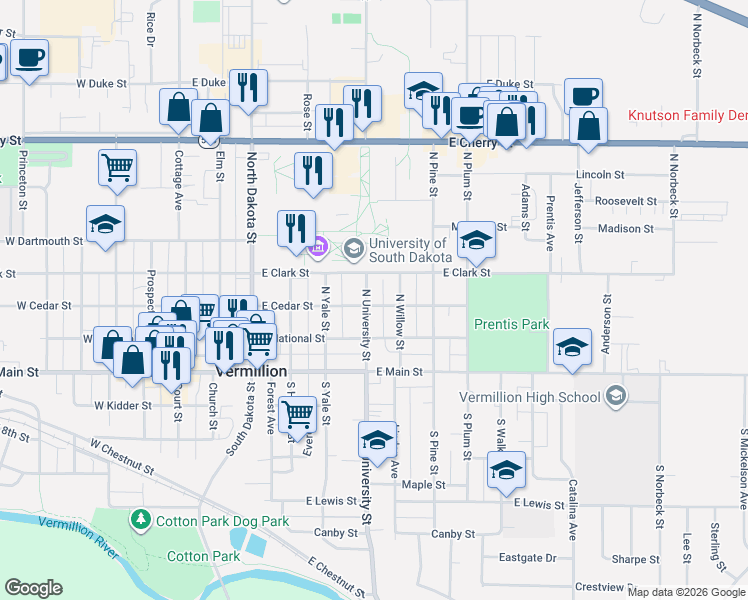 map of restaurants, bars, coffee shops, grocery stores, and more near 201 North University Street in Vermillion