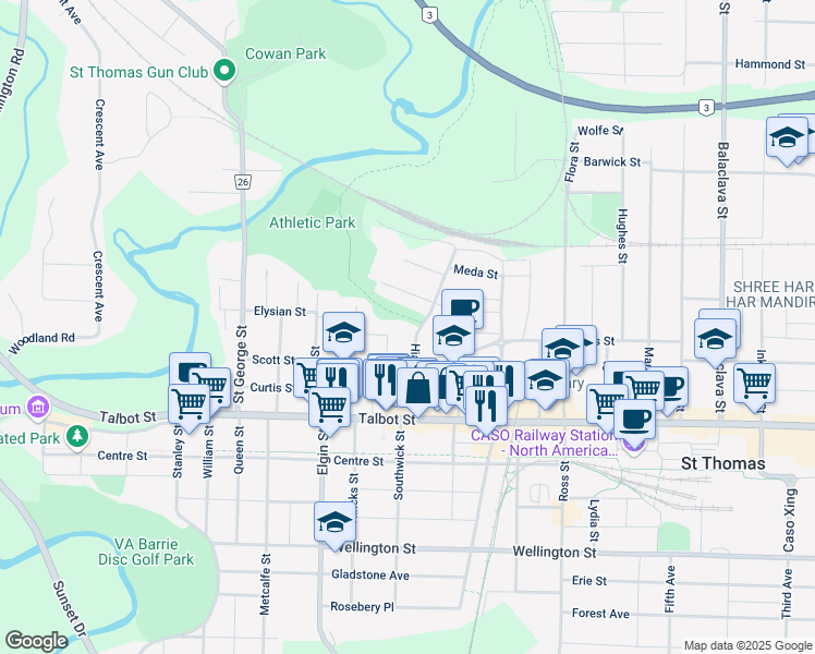 map of restaurants, bars, coffee shops, grocery stores, and more near 52 Hiawatha Street in Saint Thomas