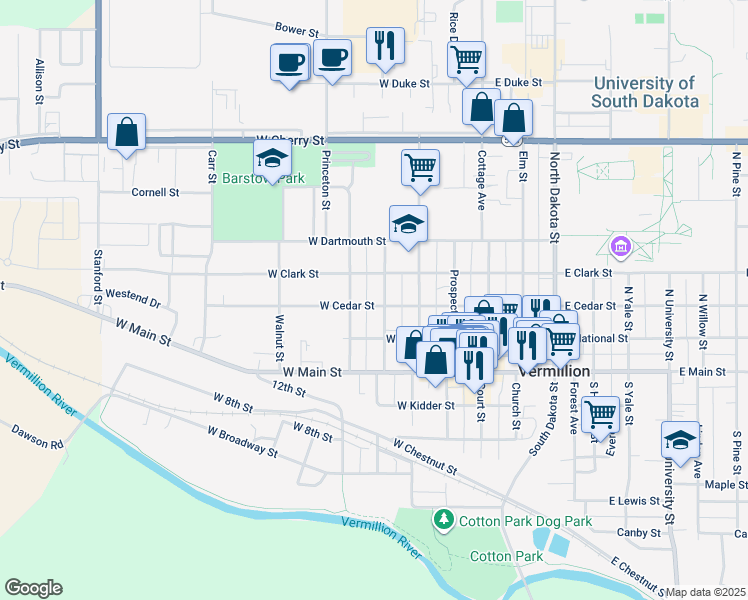 map of restaurants, bars, coffee shops, grocery stores, and more near 202 North Washington Street in Vermillion