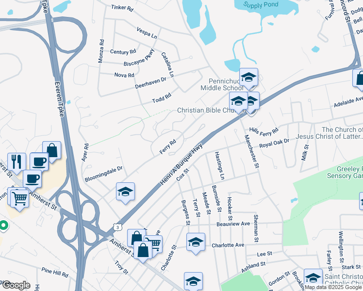 map of restaurants, bars, coffee shops, grocery stores, and more near 16 Salisbury Road in Nashua