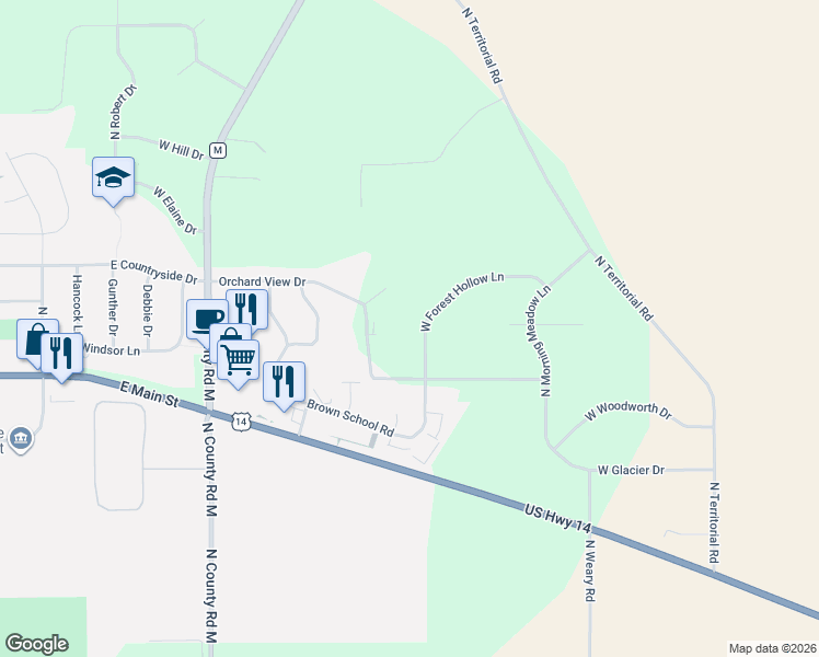 map of restaurants, bars, coffee shops, grocery stores, and more near 13376 W Forest Hollow Ln in Evansville