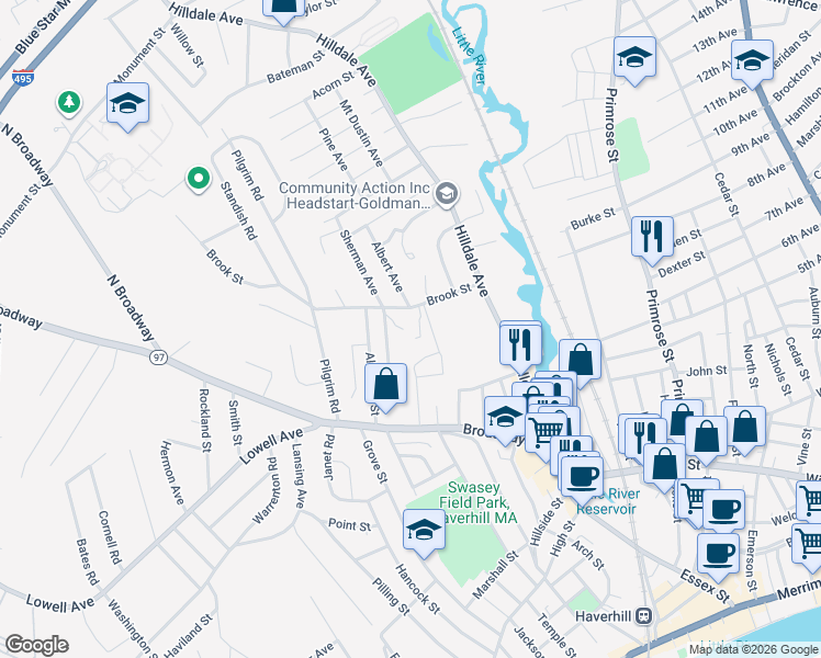 map of restaurants, bars, coffee shops, grocery stores, and more near 52 Brook Street in Haverhill