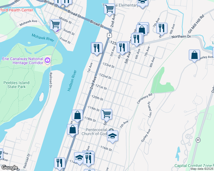 map of restaurants, bars, coffee shops, grocery stores, and more near 760 3rd Avenue in Troy