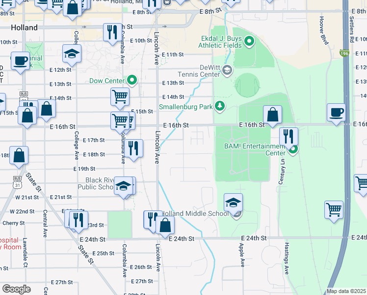map of restaurants, bars, coffee shops, grocery stores, and more near 428 Hazel Avenue in Holland