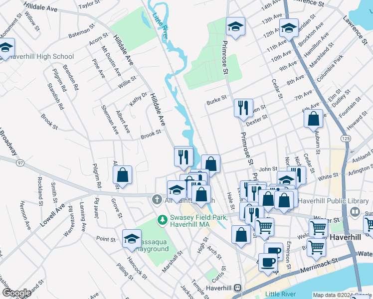 map of restaurants, bars, coffee shops, grocery stores, and more near 6 Little River Street in Haverhill