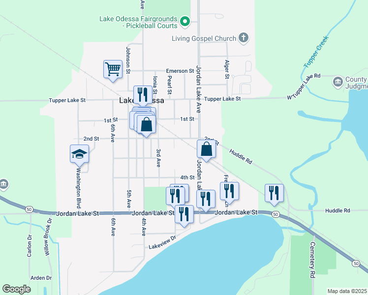 map of restaurants, bars, coffee shops, grocery stores, and more near 1230 2nd Street in Lake Odessa