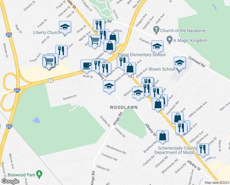 map of restaurants, bars, coffee shops, grocery stores, and more near 99 Roosevelt Avenue in Schenectady