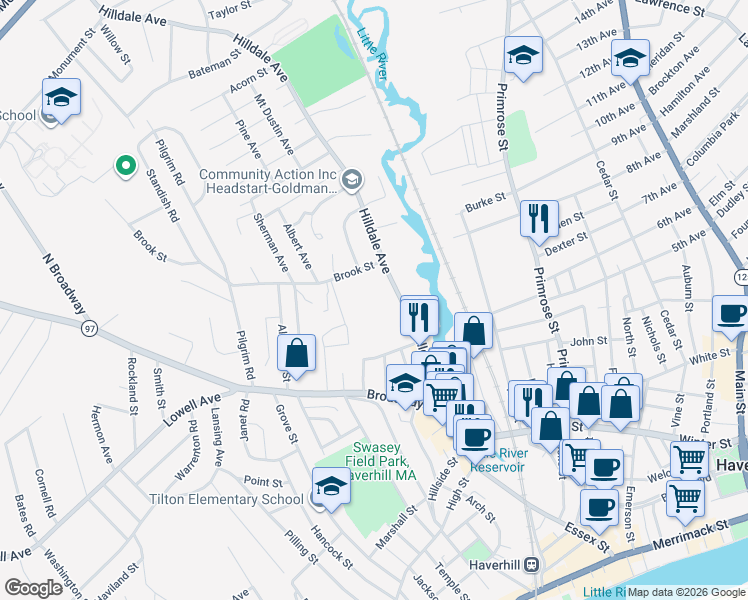 map of restaurants, bars, coffee shops, grocery stores, and more near 138 Hilldale Avenue in Haverhill