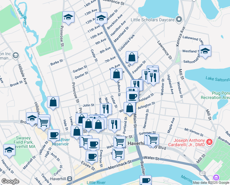 map of restaurants, bars, coffee shops, grocery stores, and more near 37 Cedar Street in Haverhill