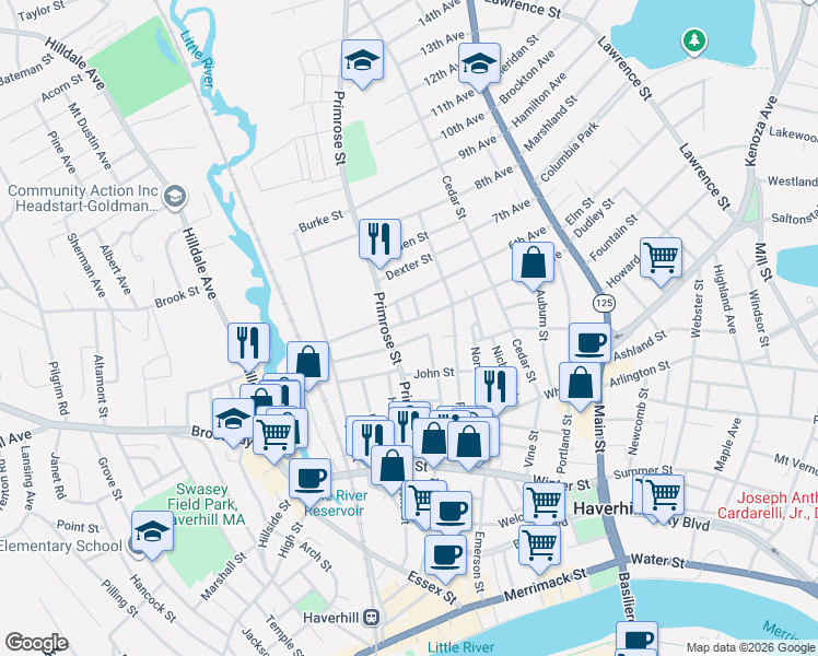 map of restaurants, bars, coffee shops, grocery stores, and more near 8 York Street in Haverhill