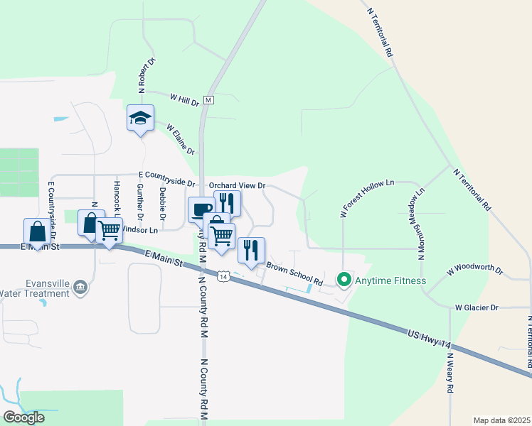 map of restaurants, bars, coffee shops, grocery stores, and more near 21 Braeburn Way in Evansville