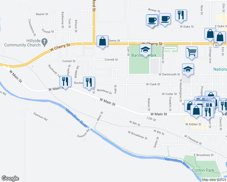 map of restaurants, bars, coffee shops, grocery stores, and more near 1024 Westend Drive in Vermillion
