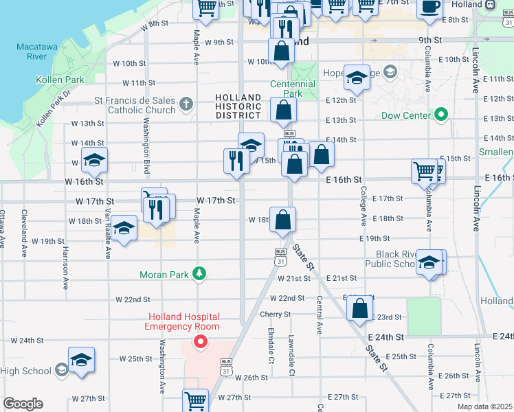 map of restaurants, bars, coffee shops, grocery stores, and more near 26 East 16th Street in Holland