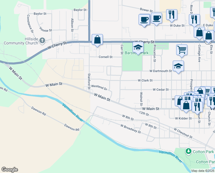 map of restaurants, bars, coffee shops, grocery stores, and more near 1024 Westend Drive in Vermillion