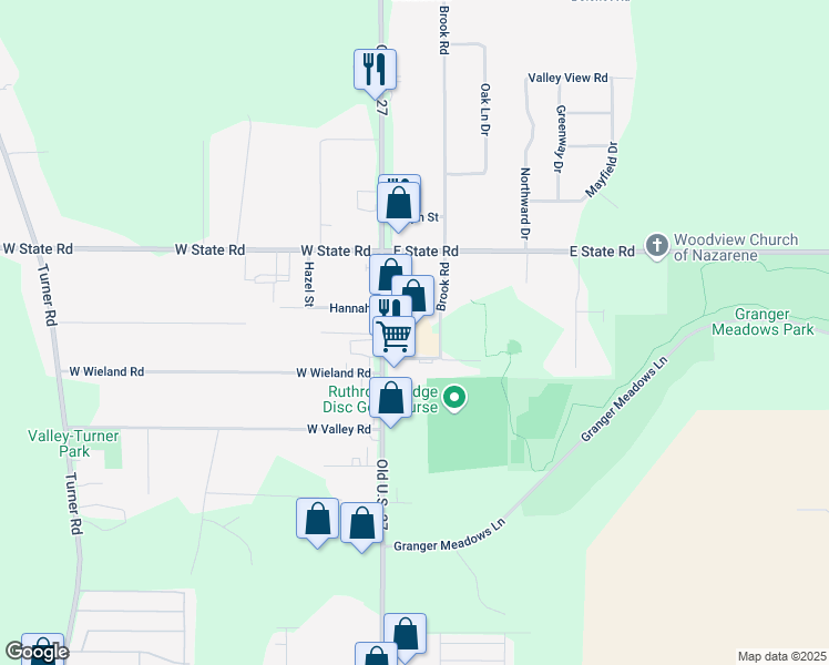 map of restaurants, bars, coffee shops, grocery stores, and more near 16215 Old U.S. 27 in Lansing