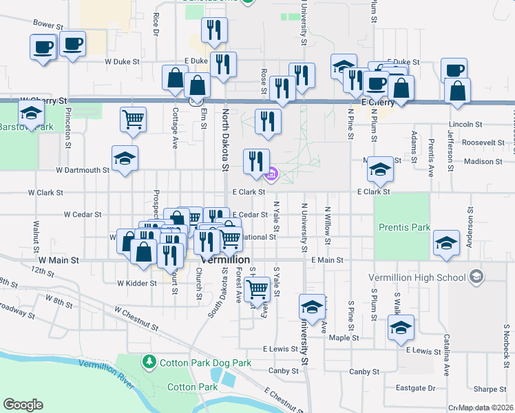 map of restaurants, bars, coffee shops, grocery stores, and more near 205 North Harvard Street in Vermillion